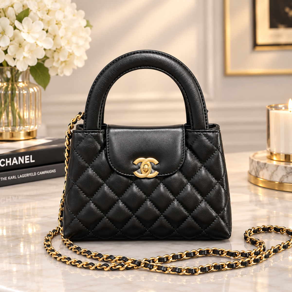Chanel Kelly Mini Black Quilted Calfskin Gold Hardware Top Handle Handbag