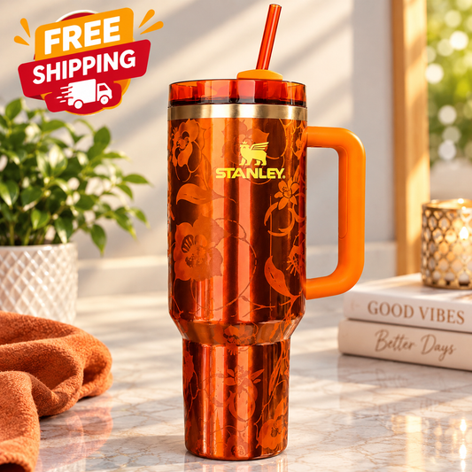 40oz Orange Floral Insulated Travel Drinkware, Handle & Straw, Reusable Beverage Holder