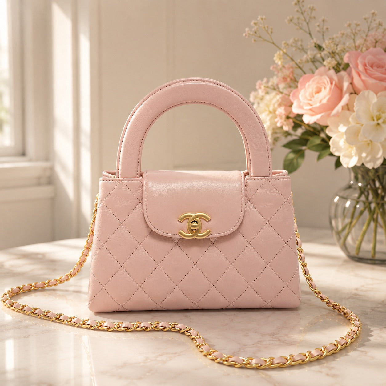 CHANEL Kelly Mini Shopping Pink Shiny Calfskin Quilted Handbag Crossbody Bag 23K