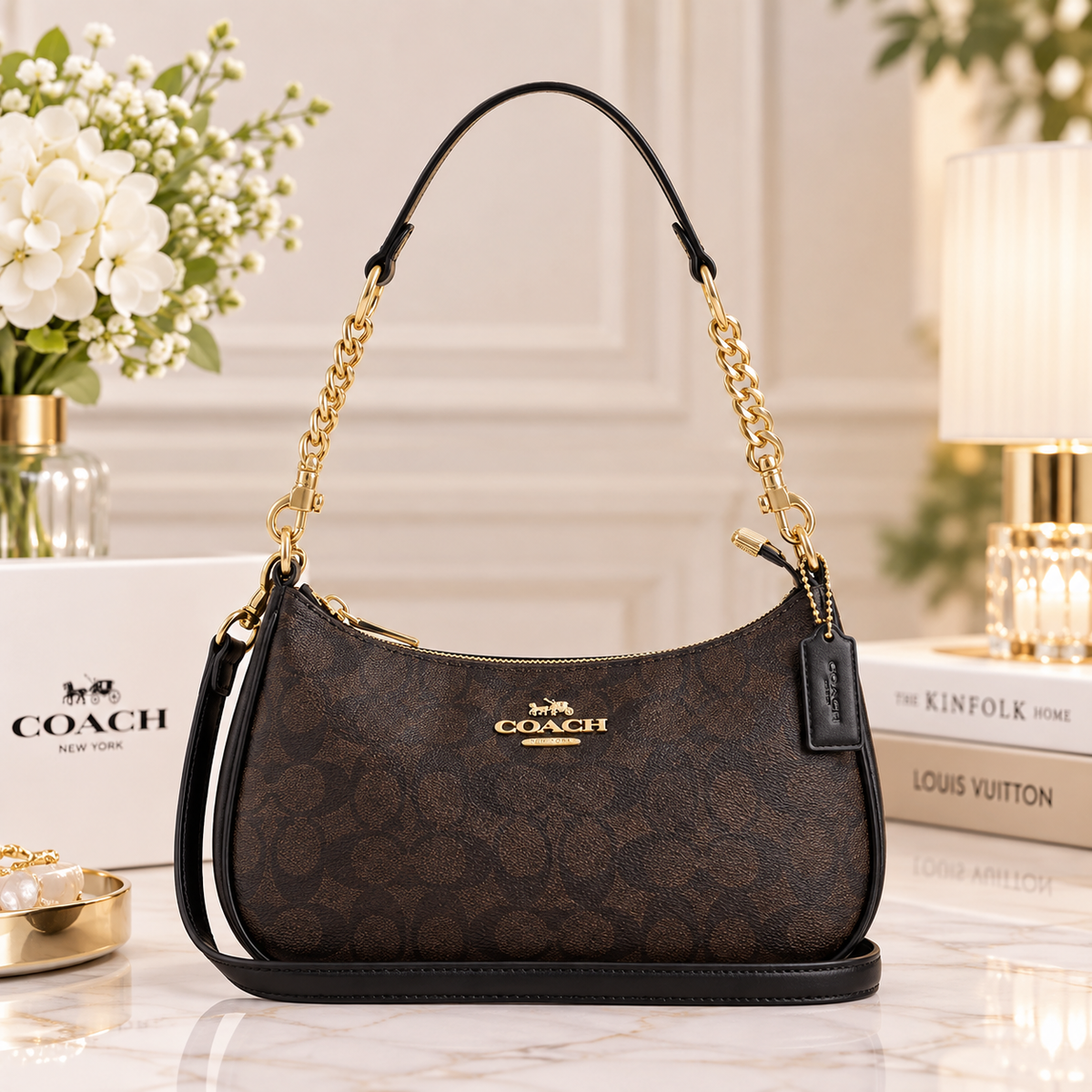 CA548 Teri Shoulder Bag In Signature Canvas/Gold/Walnut/Black