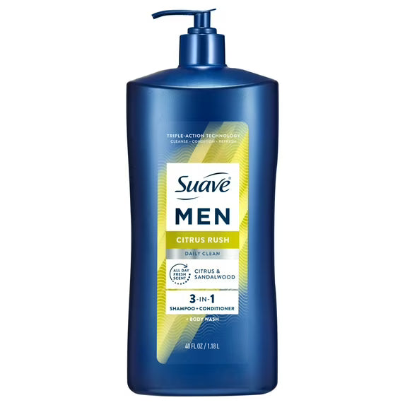Suave Men Citrus Rush 3-in-1 Shampoo, Conditioner & Body Wash with Glycerin & Keratin, 40 OZ