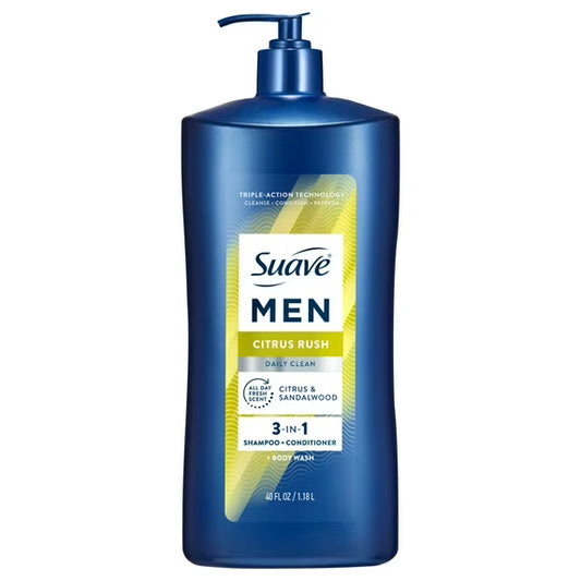 Suave Men Citrus Rush 3-in-1 Shampoo, Conditioner & Body Wash with Glycerin & Keratin, 40 OZ