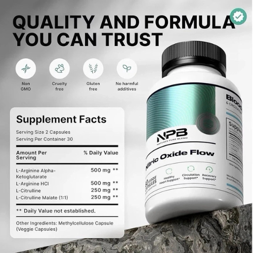 NPB Natures Pure Blend Nitric Oxide Flow L-Arginine Heart Circulation 60 Caps