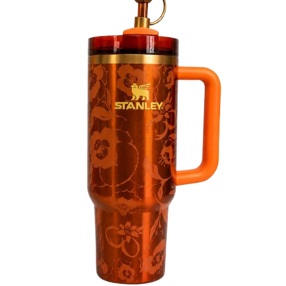40oz Orange Floral Insulated Travel Drinkware, Handle & Straw, Reusable Beverage Holder