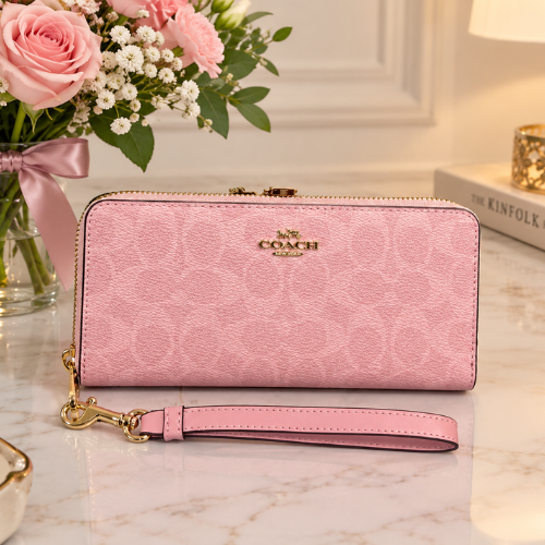Long Zip Around Wallet In Signature Canvas CW778 Powder Pink