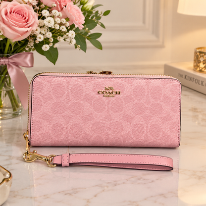 Long Zip Around Wallet In Signature Canvas CW778 Powder Pink