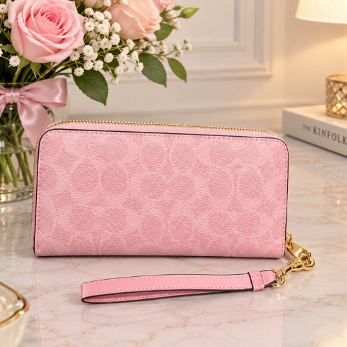 Long Zip Around Wallet In Signature Canvas CW778 Powder Pink