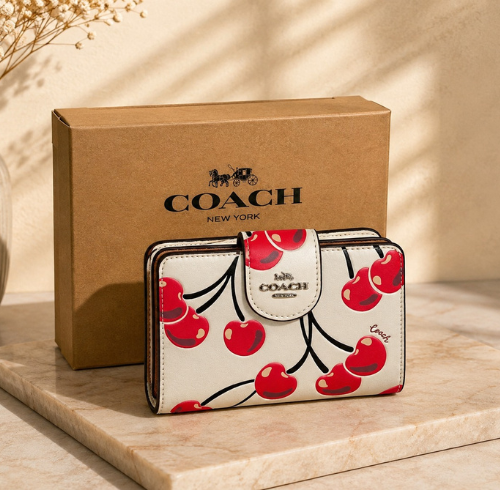Coach Medium Corner Zip Wallet With Cherry Print Chalk Multi CZ762 Outlet New
