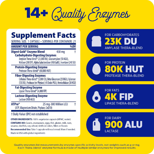 Enzymedica Digest Gold + ATPro, Maximum Strength Enzyme Formula, 14 Key Enzymes