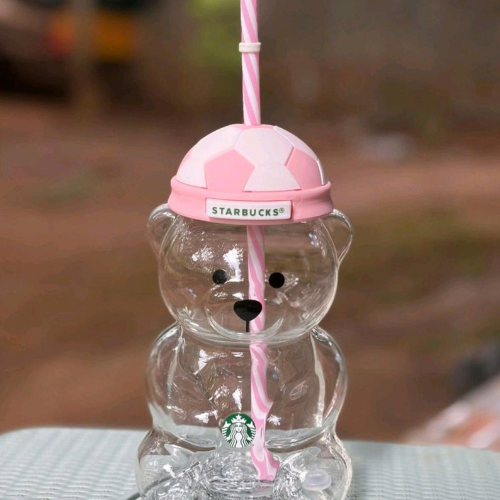 2026 Starbucks Bearista Pink Bear Glass Tumbler Cold Cup with Straw