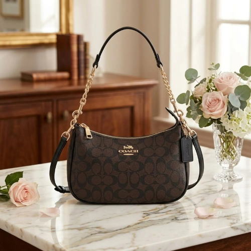 COACH CA548 Teri Shoulder Bag Signature Coated Canvas Black Brown