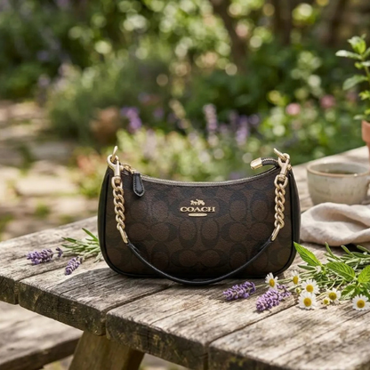 COACH CA548 Teri Shoulder Bag Signature Coated Canvas Black Brown