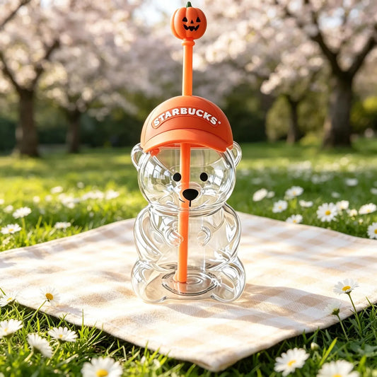 Bear Glass Cup with Seasonal Lid & Straw Cap