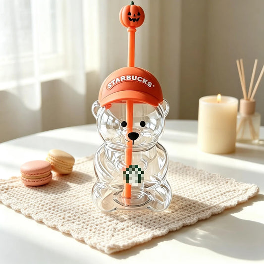 Bear Glass Cup with Seasonal Lid & Straw Cap