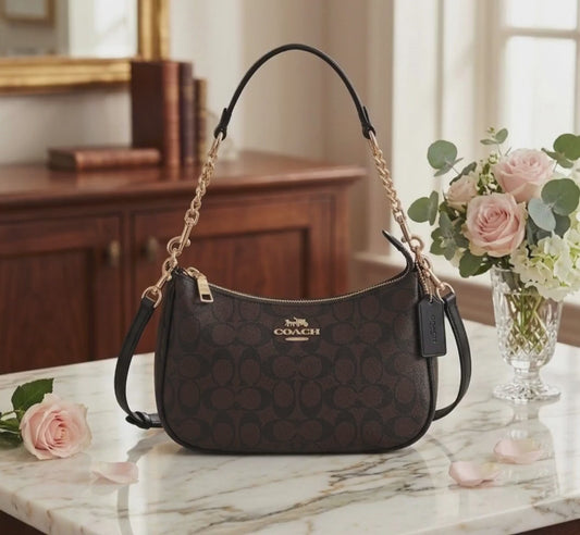 COACH CA548 Teri Shoulder Bag Signature Coated Canvas Black Brown